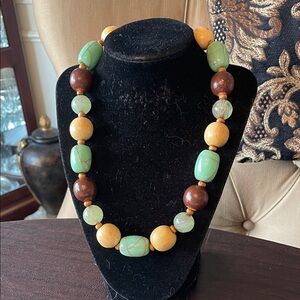 #128 - LIVE SHOW - Green, Brown & Cream Glass & Wood Beaded Necklace